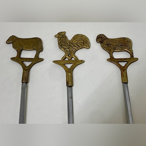 Mid Century Vintage (set of 3) Brass Figural Animal Finial Stainless Skewers - Picture 12 of 16